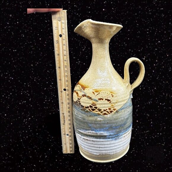 Hand Trown Pottery Jug Pitcher Hand Made Signed Blue Stoneware Vintage 11”T 6”W - Picture 12 of 16